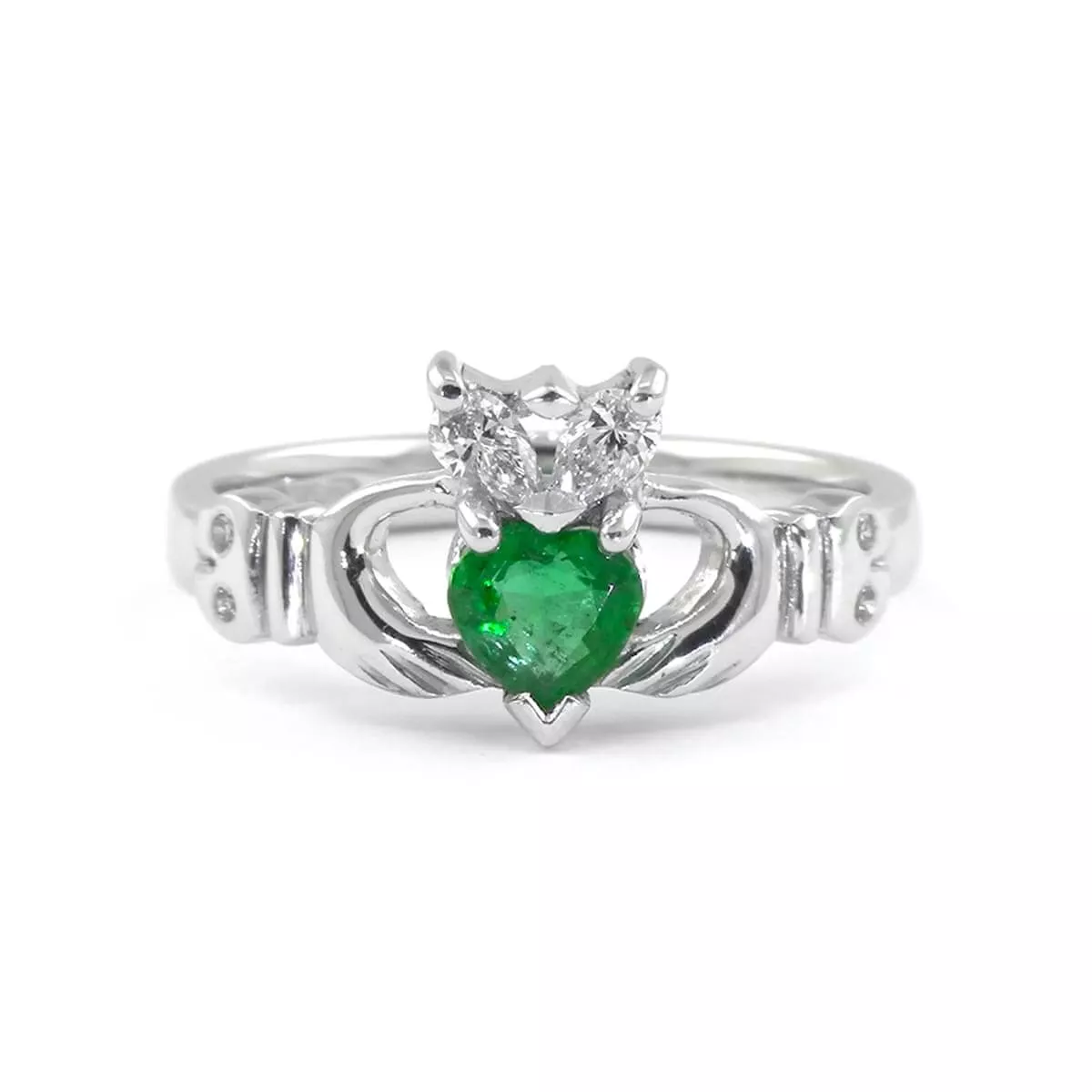 14k White Gold Emerald And Diamond Claddagh Engagement Ring 1 1...