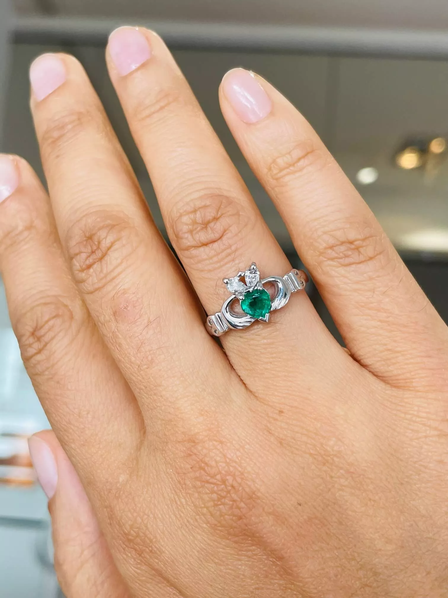 14k White Gold Emerald And Diamond Claddagh Engagement Ring 2 2