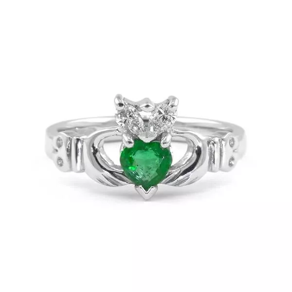 14k White Gold Emerald And Diamond Claddagh Engagement Ring