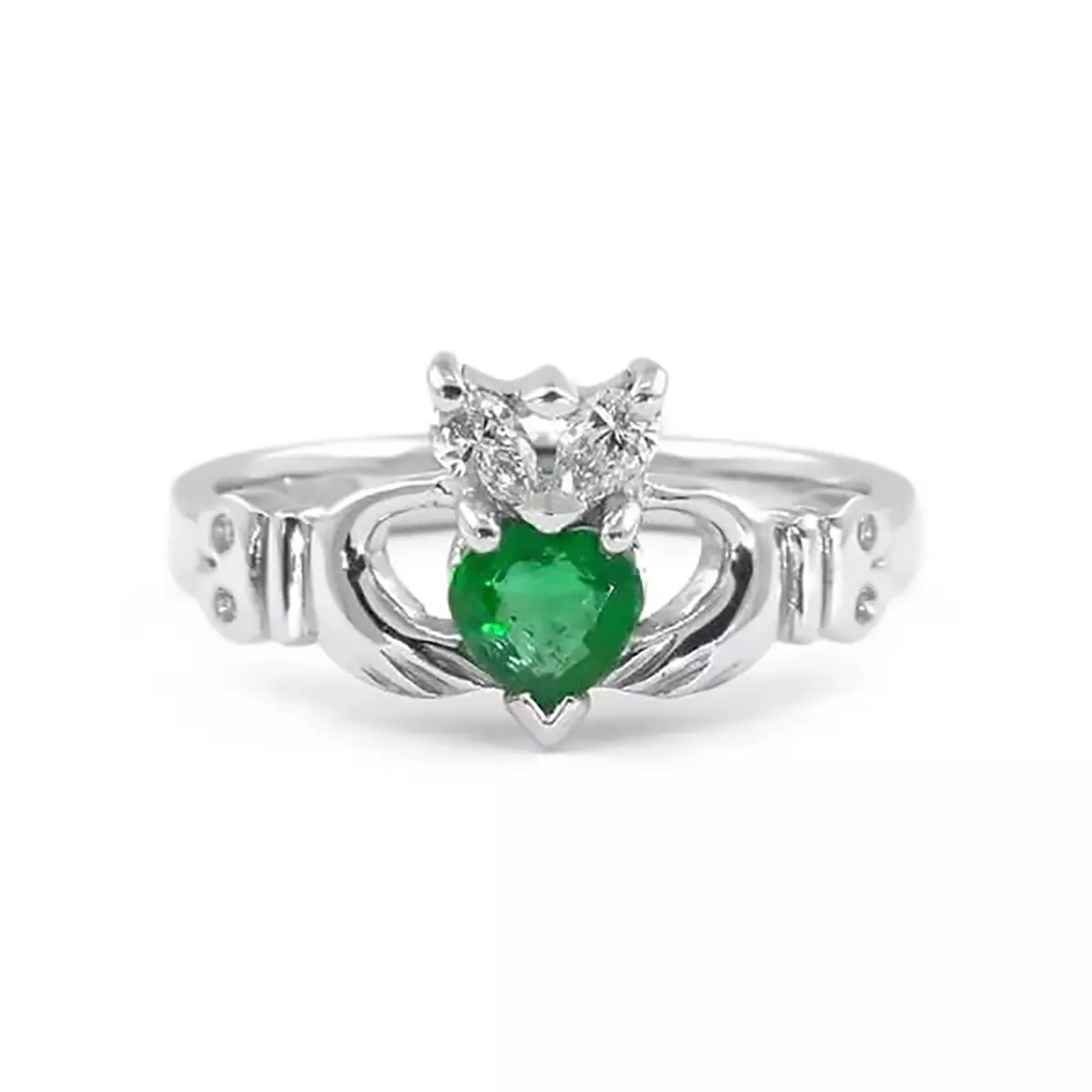 14k_White Gold Emerald And Diamond Claddagh Engagement Ring...