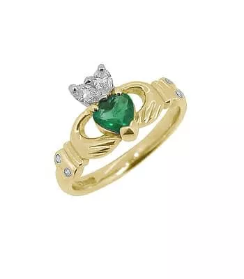 Yellow Gold Heartshape Emerald & Diamond Claddagh Engagement Ring