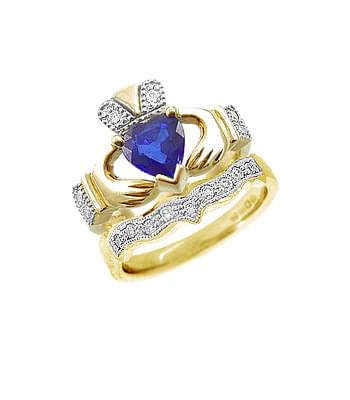 Gold Sapphire And Diamond Claddagh Ring Set...