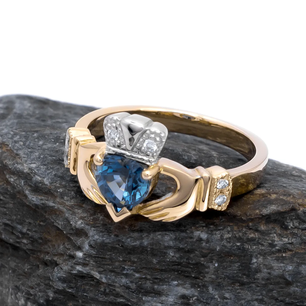 Sapphire and Diamond Claddagh Ring in Yellow Gold