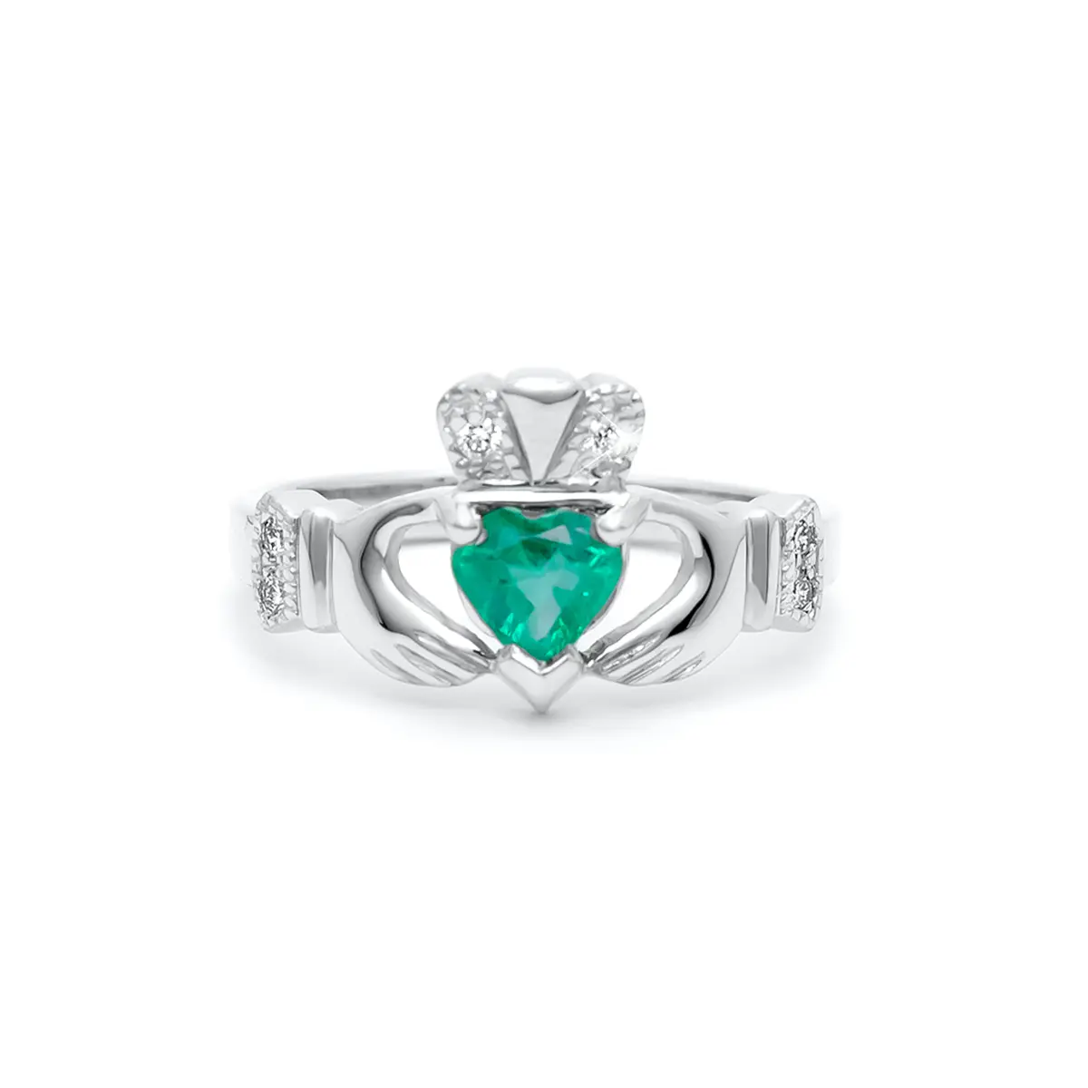 White Gold Emerald Diamond Claddagh Ring 1...