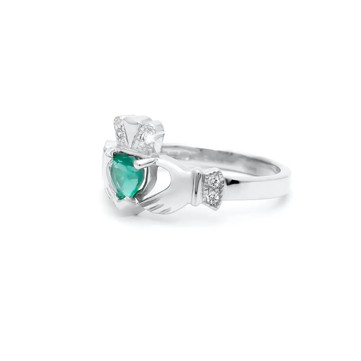 White Gold Emerald Diamond Claddagh Ring 2...