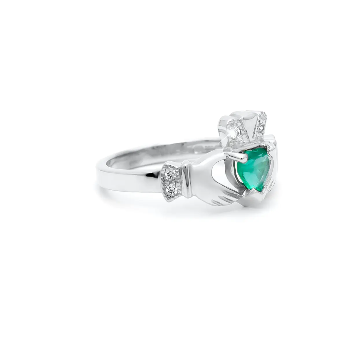 White Gold Emerald Diamond Claddagh Ring 3...