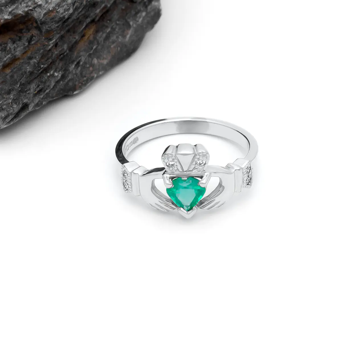 White Gold Emerald Diamond Claddagh Ring 4...