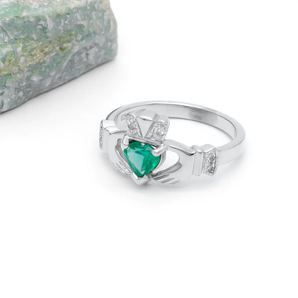 White Gold Emerald Diamond Claddagh Ring 5...