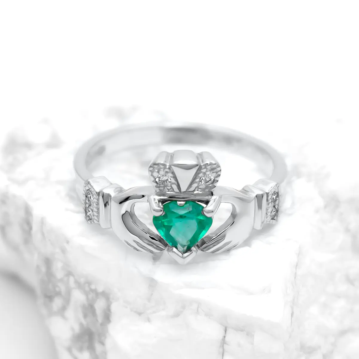 White Gold Emerald Diamond Claddagh Ring 6...