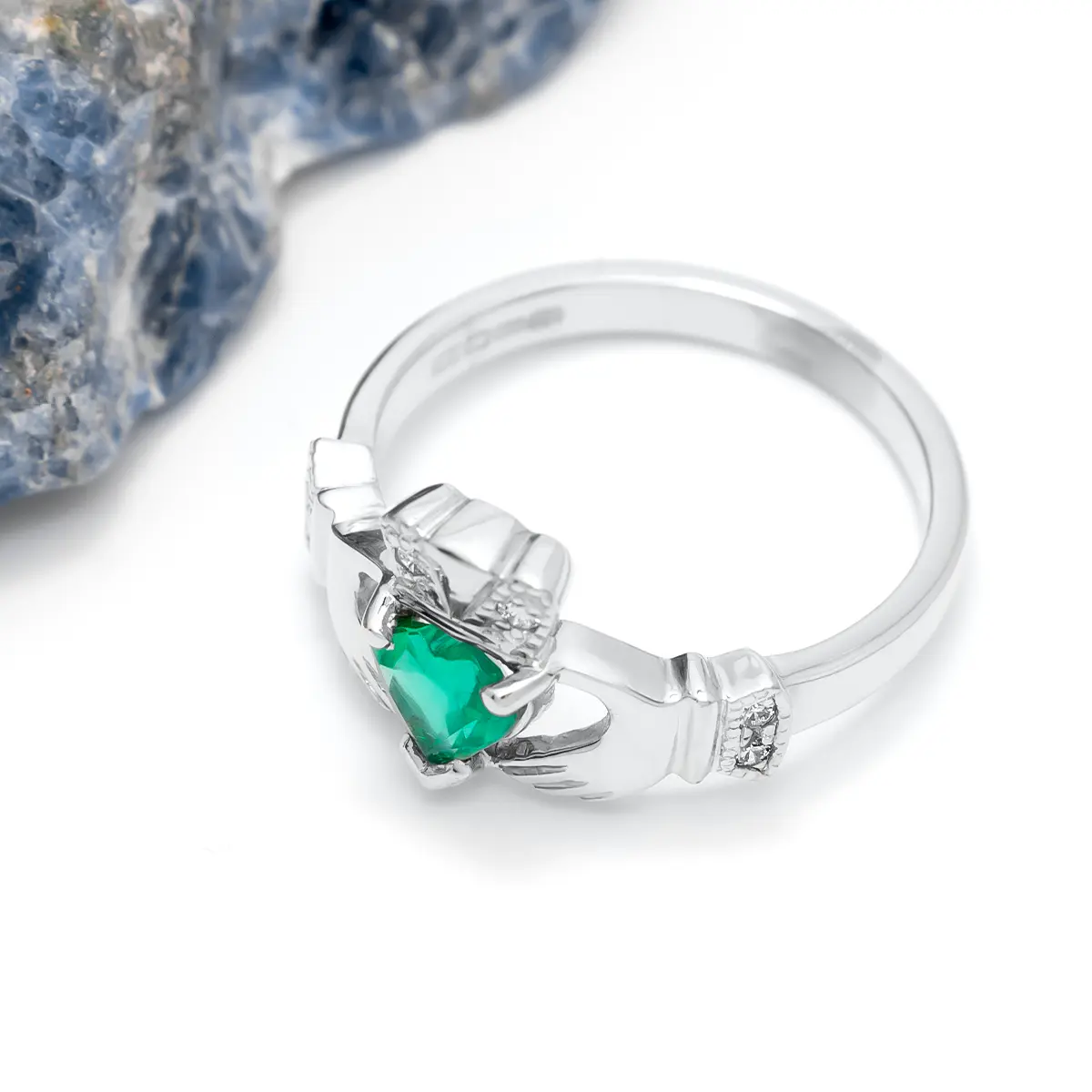White Gold Emerald Diamond Claddagh Ring 7...
