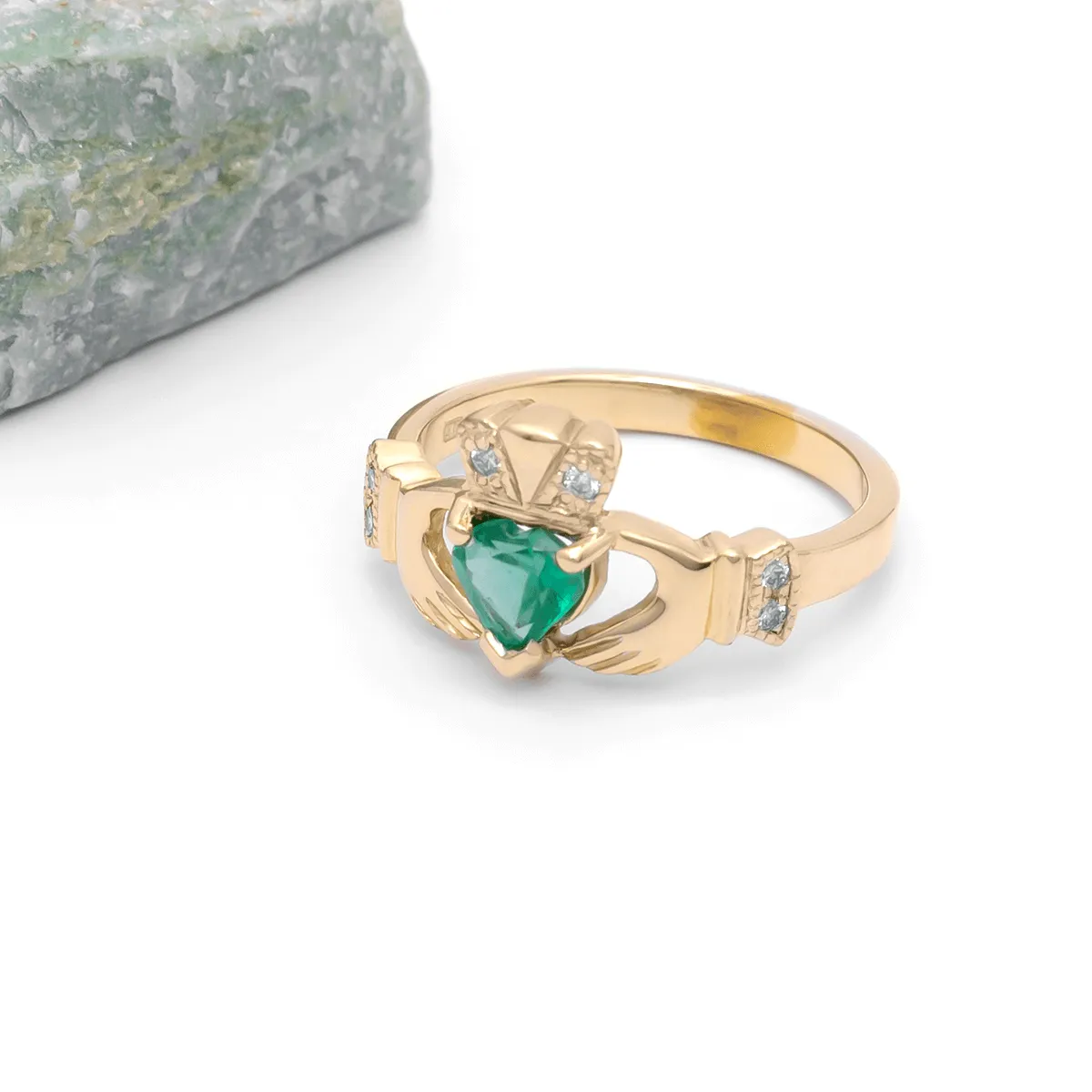 Yellow Gold Emerald Claddagh Ring Diamond 2...