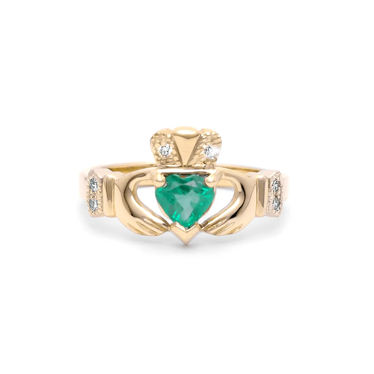 Yellow Gold Emerald Claddagh Ring Diamond...