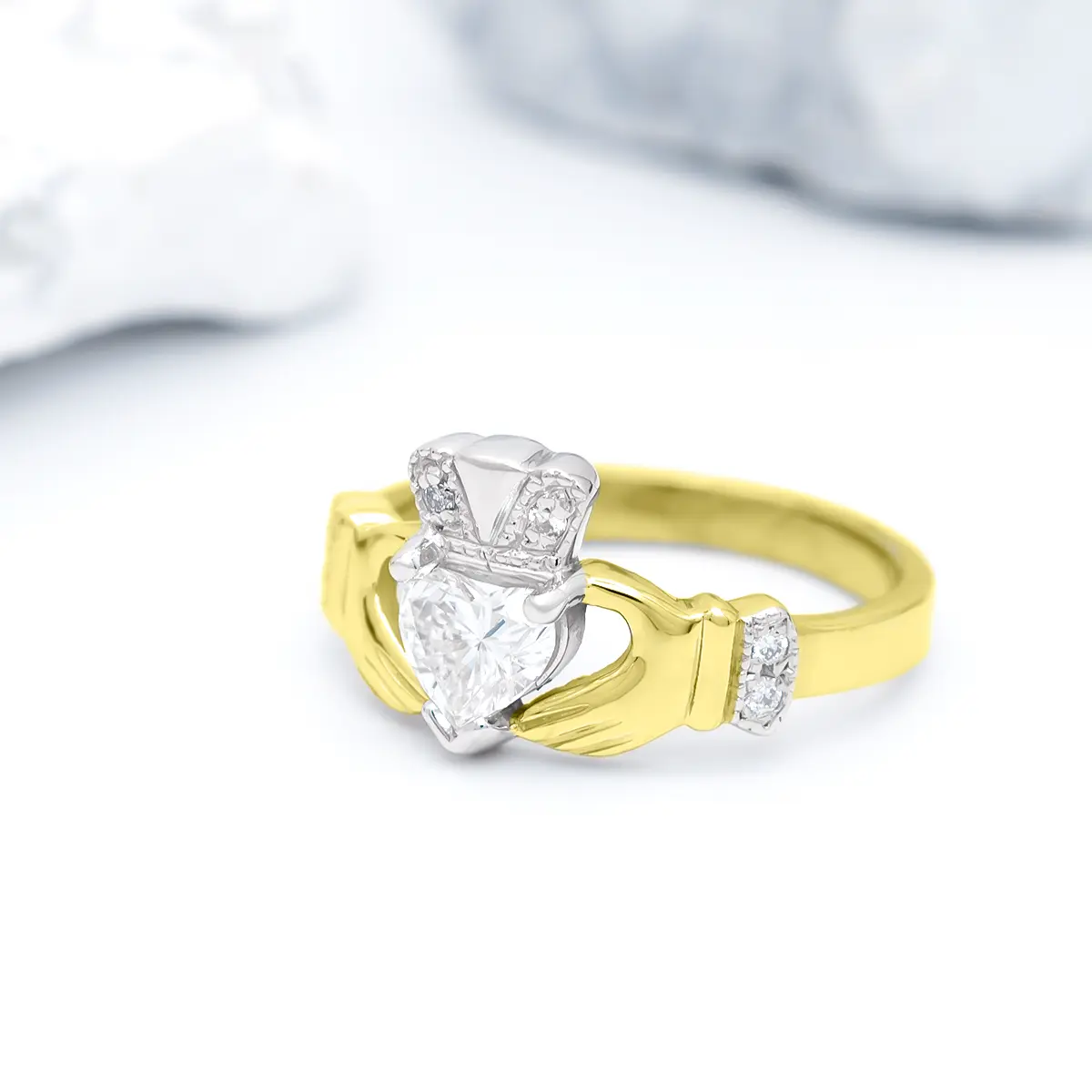 Gold Claddagh Engagement Ring with Heartshape Diamond...
