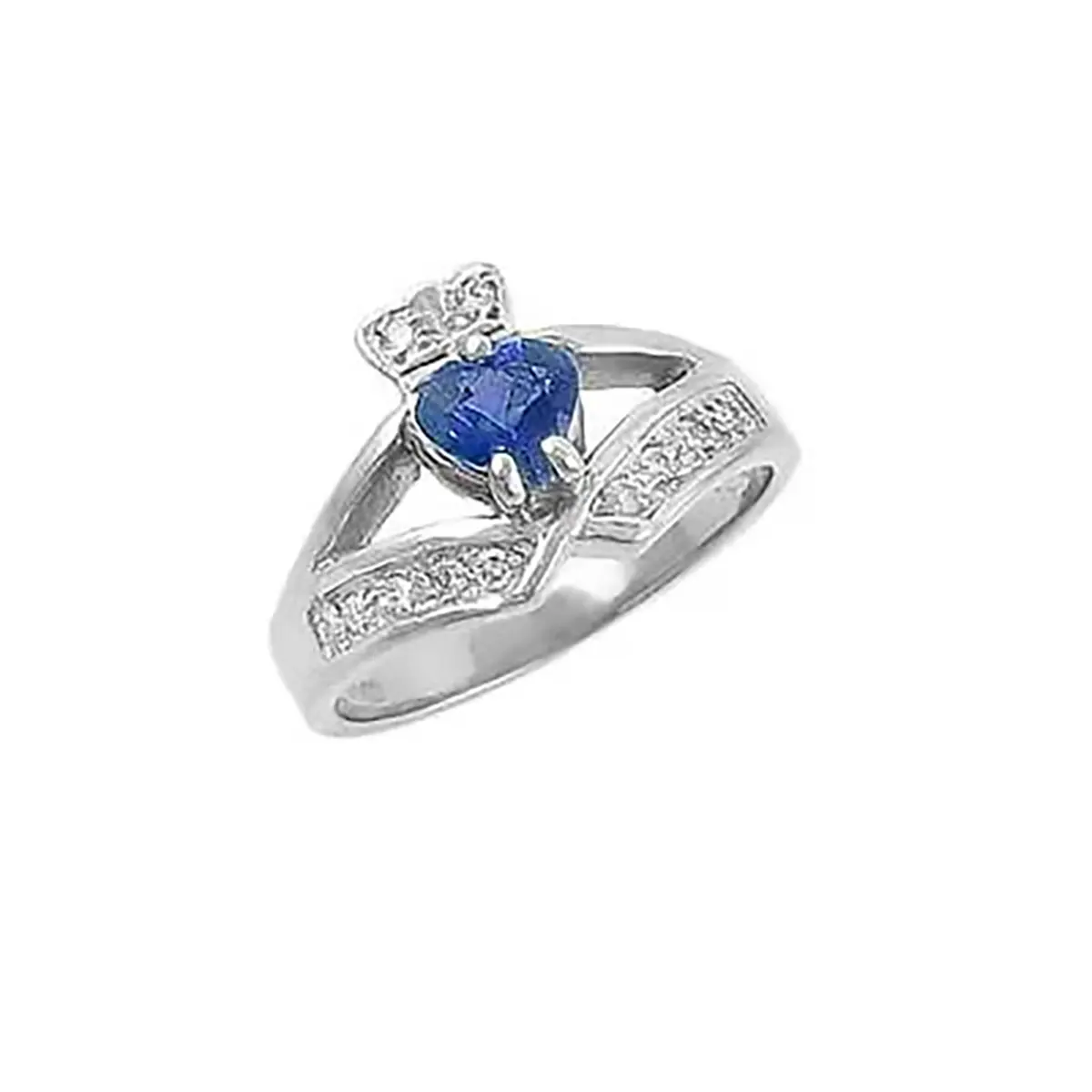 14K White Gold Claddagh Wishbone Ring Set With Heart Shaped Sapphire And Diamonds