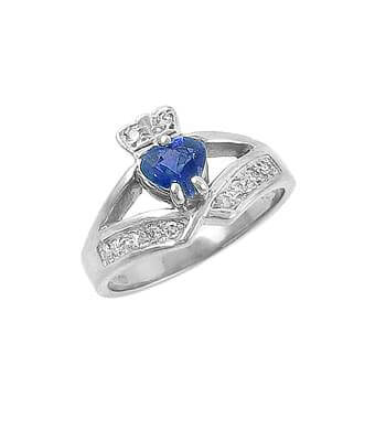White Gold Heart Sapphire & Diamond Claddagh Wishbone Ring