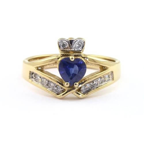 Sapphire And Diamond Claddagh Ring In 14k Yellow Gold