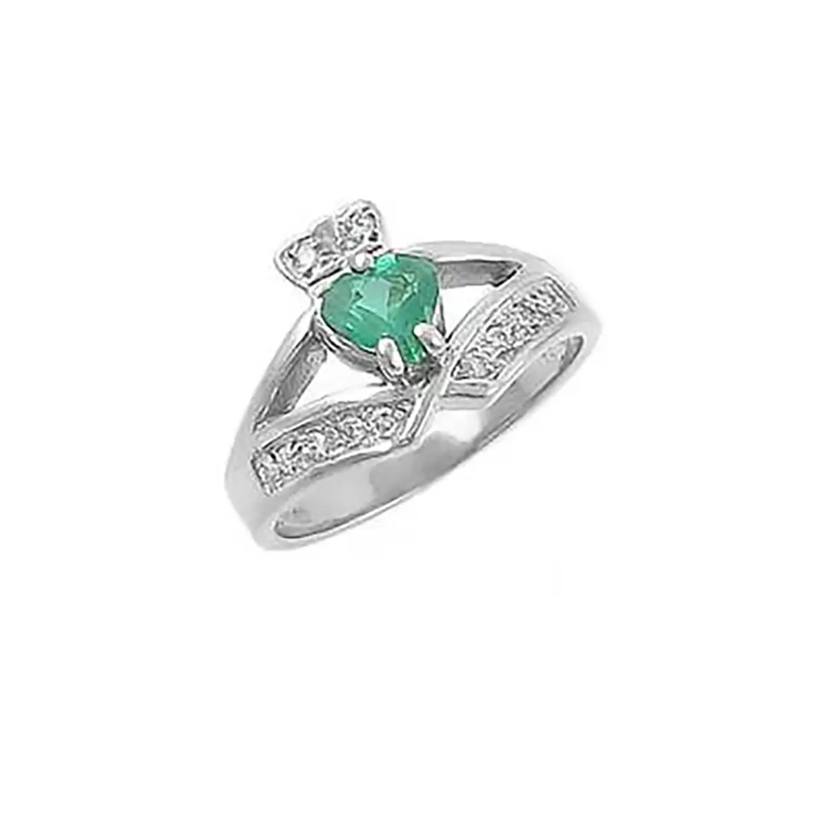 Emerald Heart And Diamond Claddagh Ring In White Gold