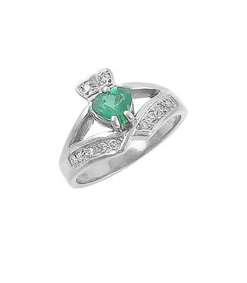 White Gold Emerald And Diamond Wishbone Claddagh Ring 1 1