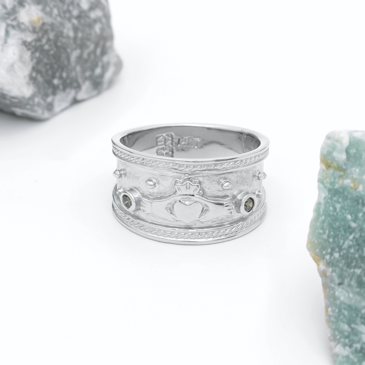 Brilliant Cut Green Diamond Wide Claddagh Ring