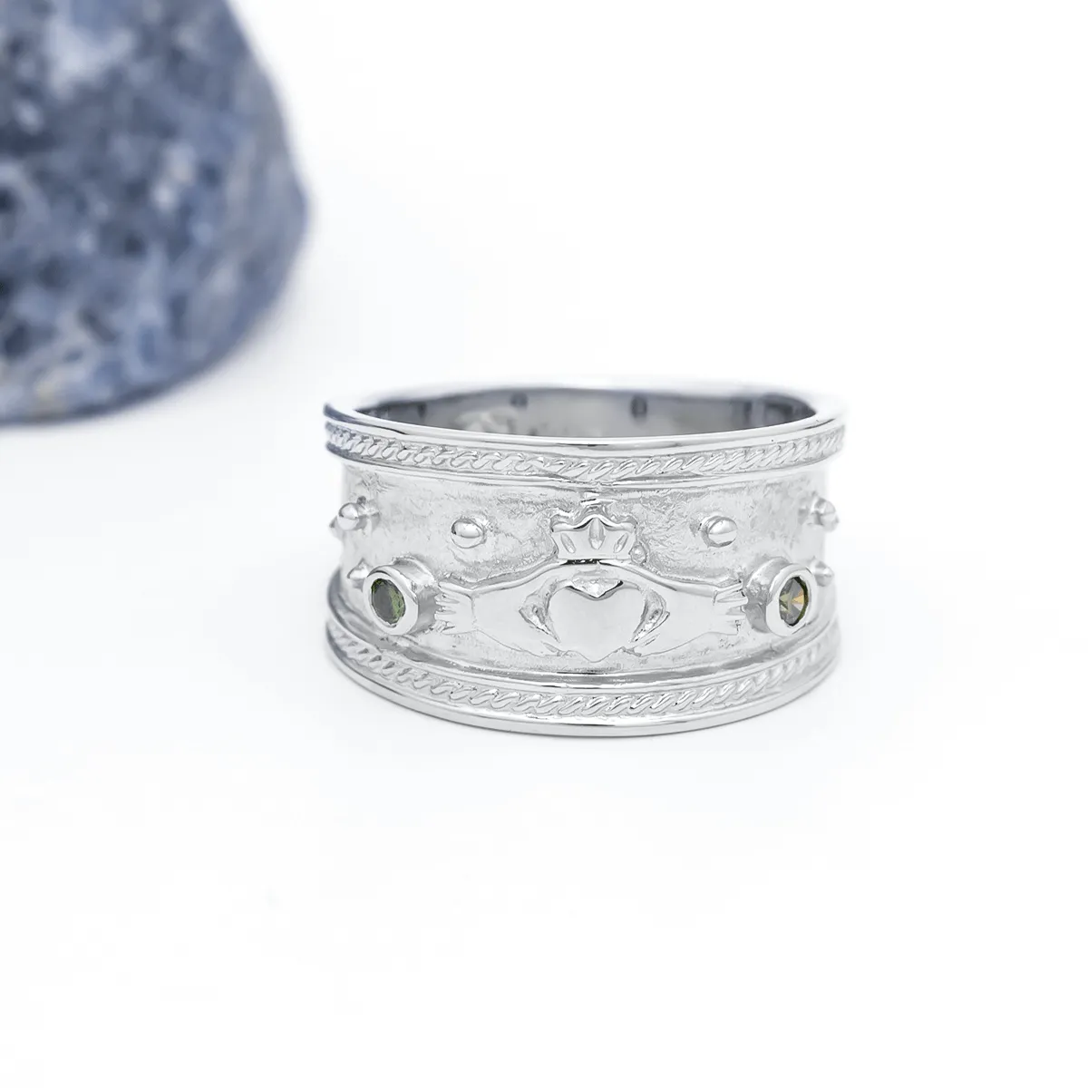 Brilliant Cut Green Diamond Wide Claddagh Ring...