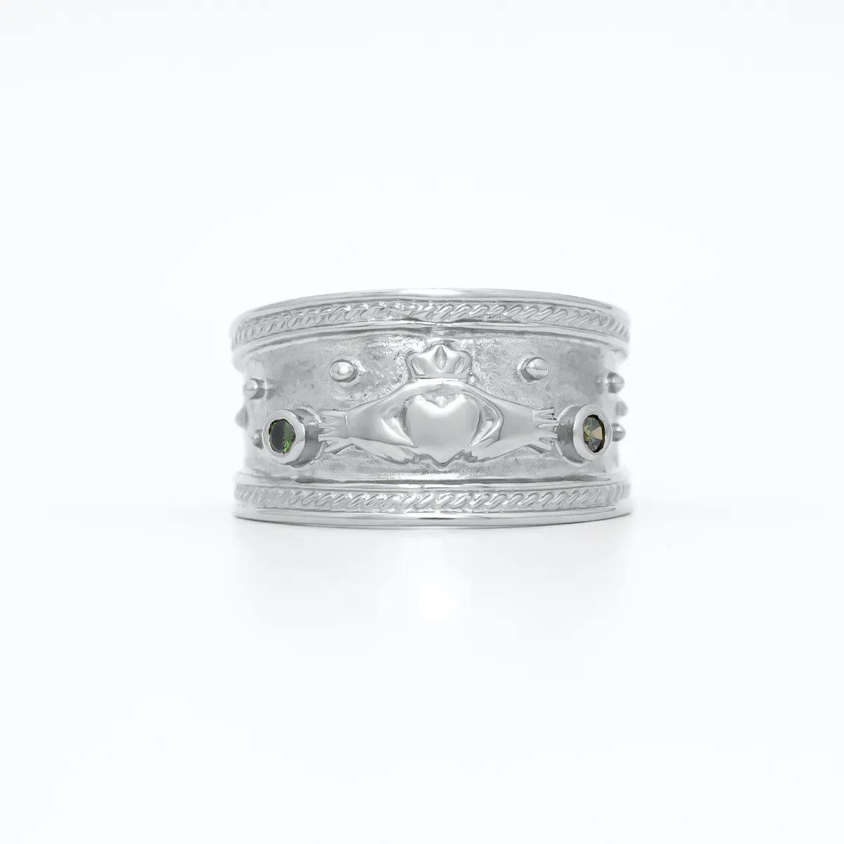 White Gold Emerald Claddagh Ring Wide 1...