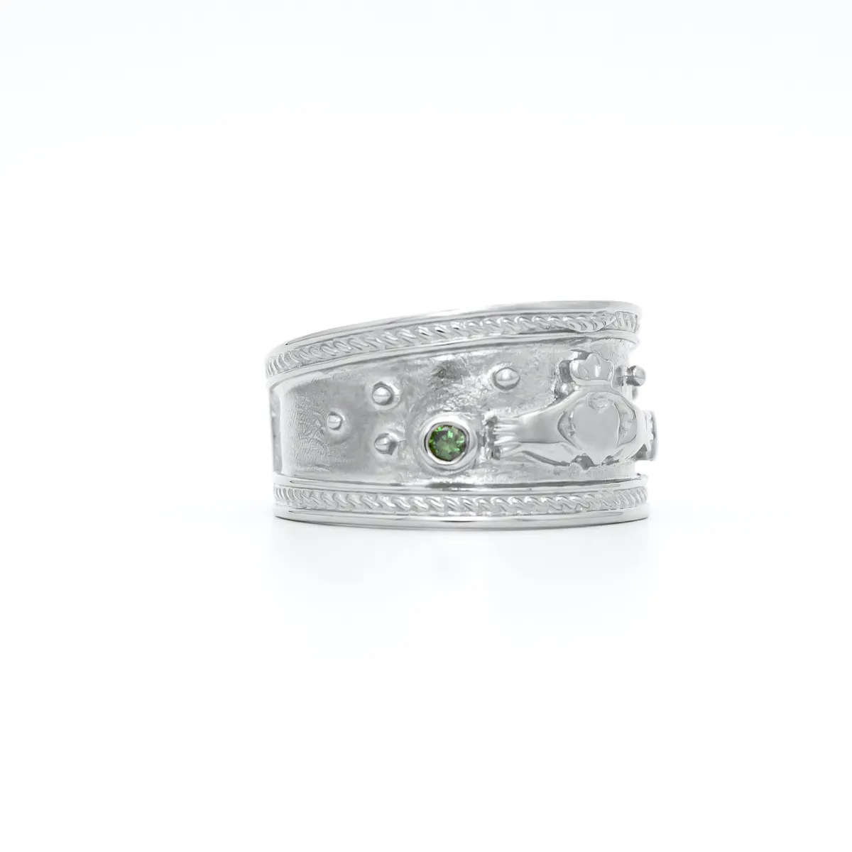 White Gold Emerald Claddagh Ring Wide 3...
