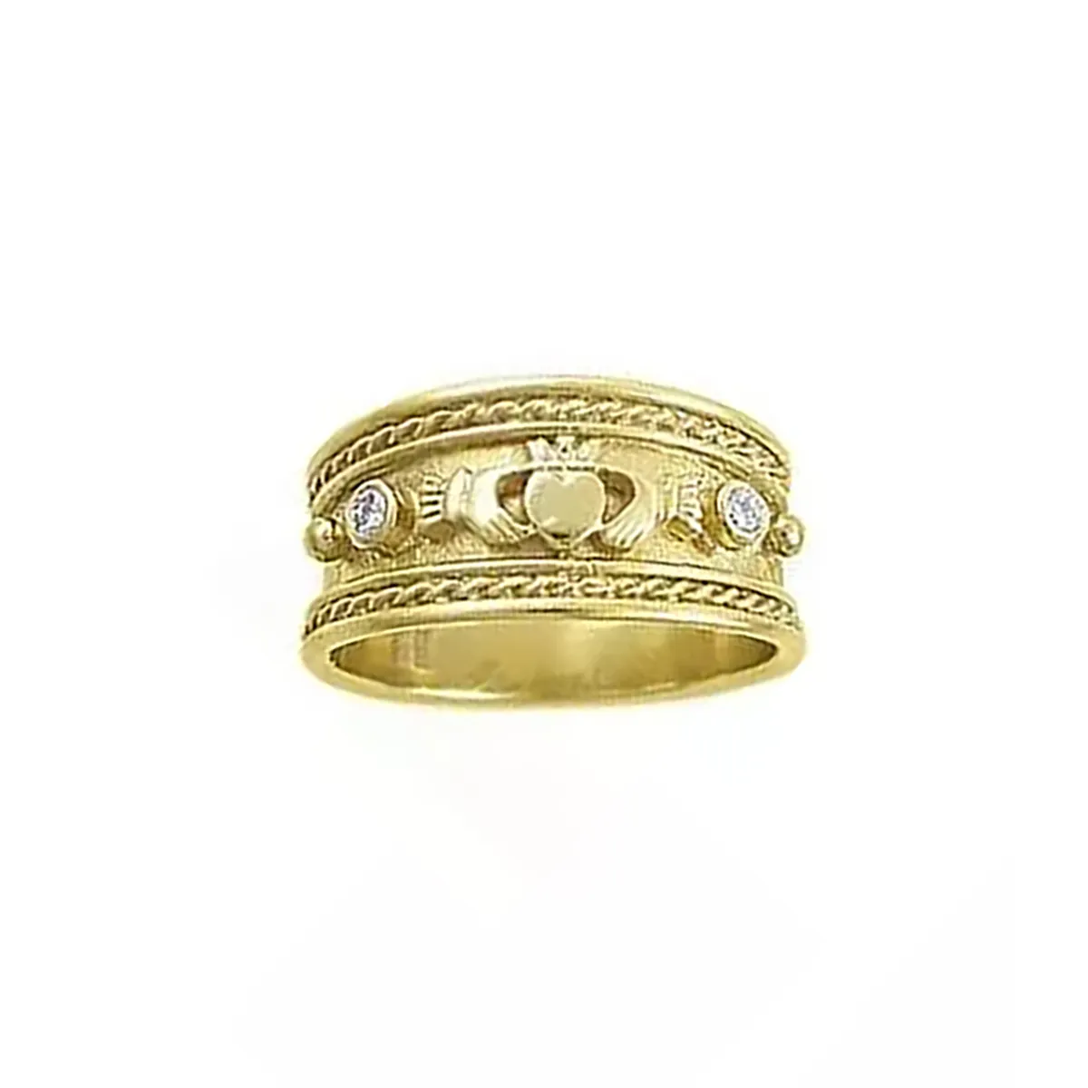 Enchanting Wide Irish Claddagh Ring In Gold Set With Diamonds...