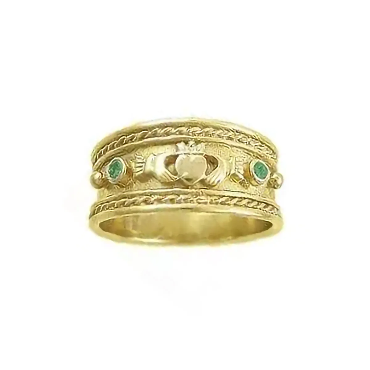 1_solid Yellow Gold 2%20Stone Emerald Claddagh Band Ring