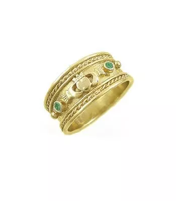 Solid Yellow Gold 2%20Stone Emerald Claddagh Band Ring