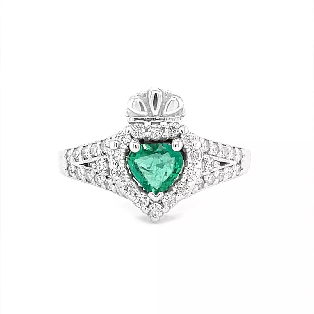 Heart Emerald And Diamond Claddagh Ring