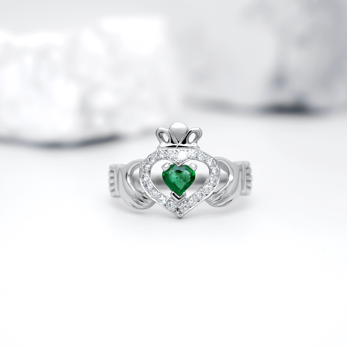 Heartshape Emerald and Diamond Irish Claddagh Ring