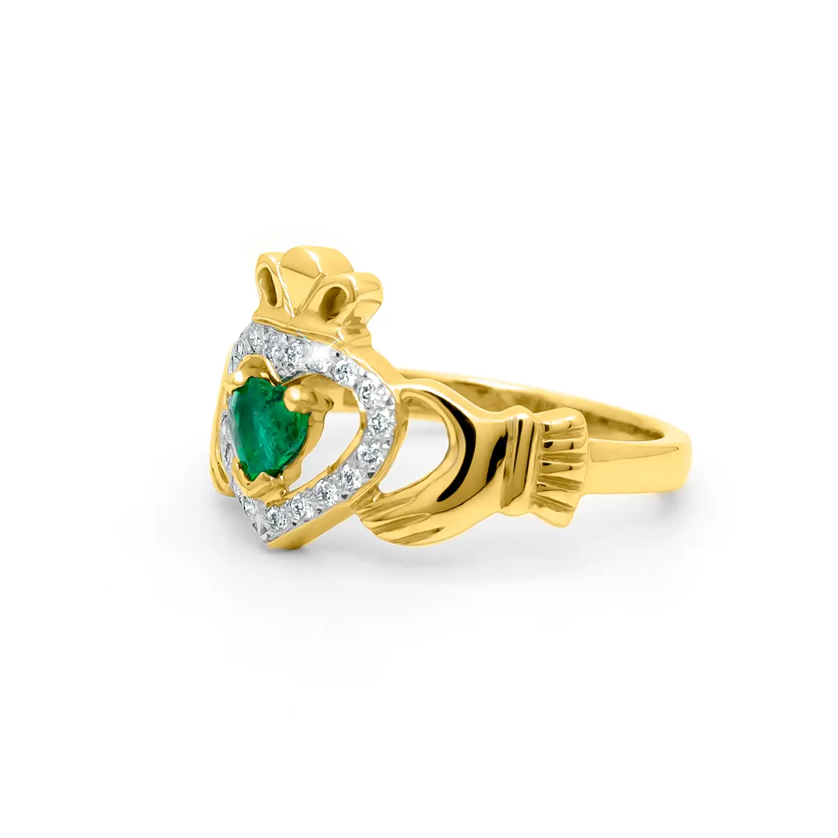 Gold Emerald Diamond Ladies Claddagh Ring 2...