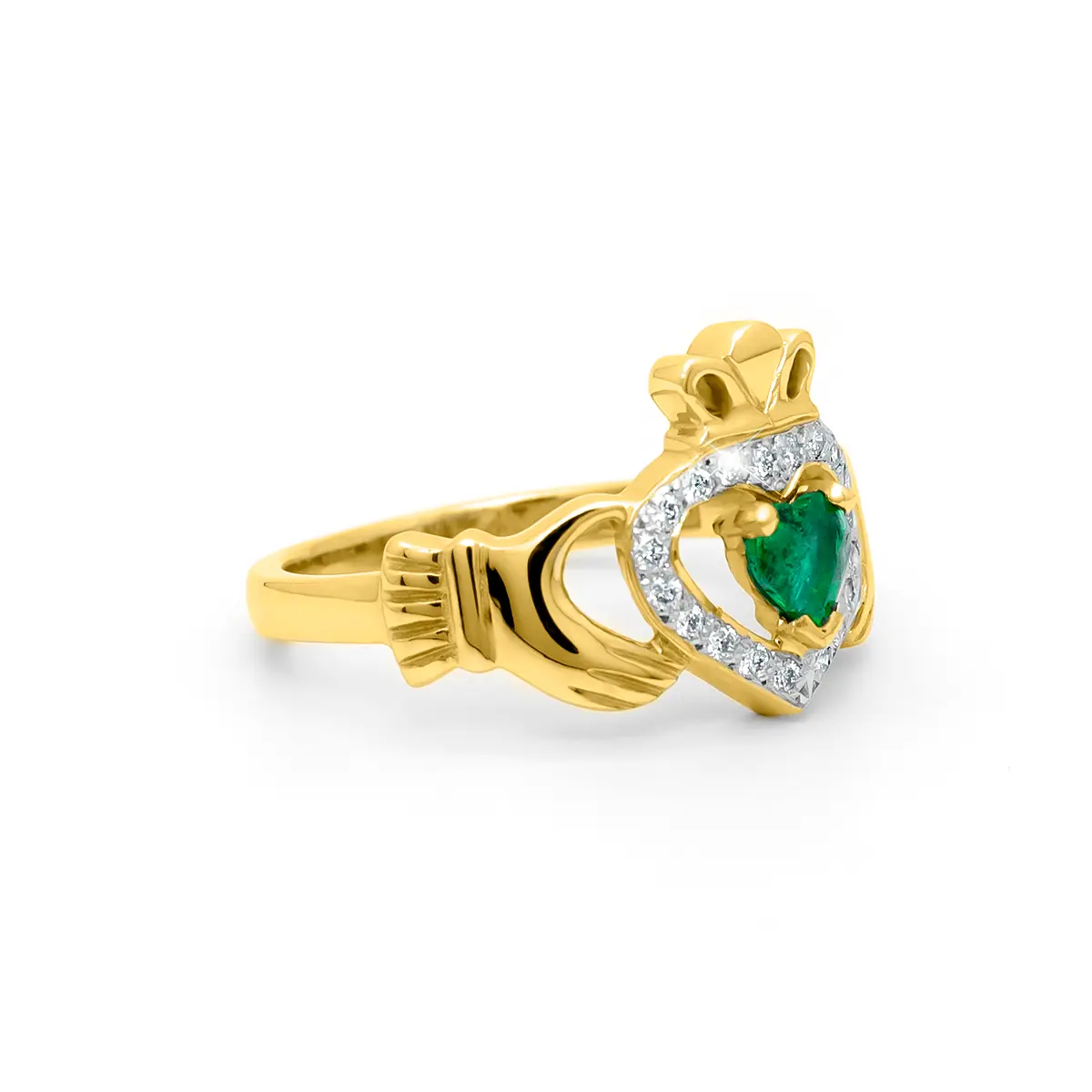 Gold Emerald Diamond Ladies Claddagh Ring 3...
