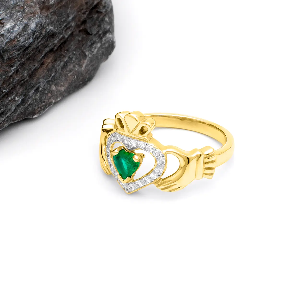 Gold Emerald Diamond Ladies Claddagh Ring 4...