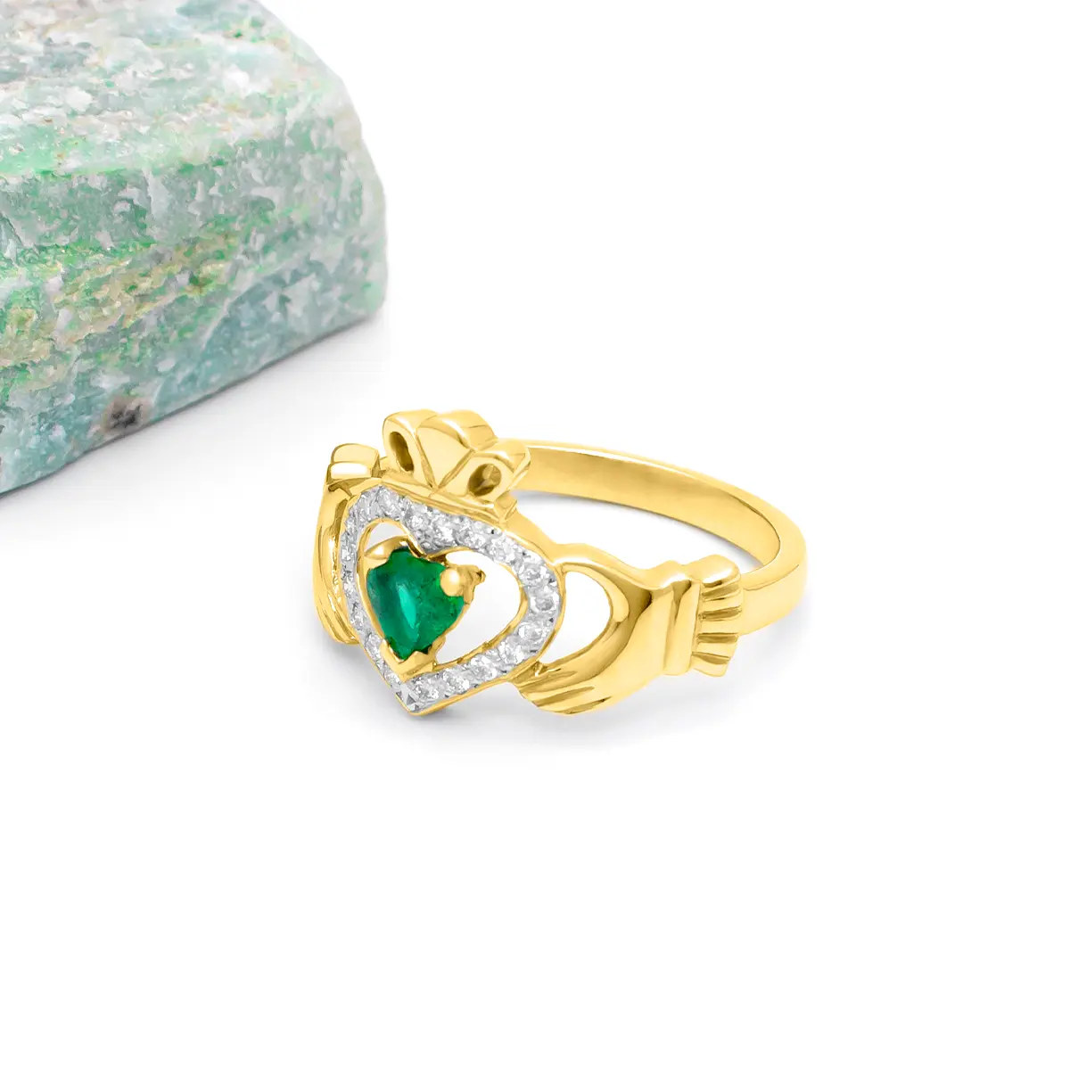 Emerald Claddagh Ring Adorned With Diamonds