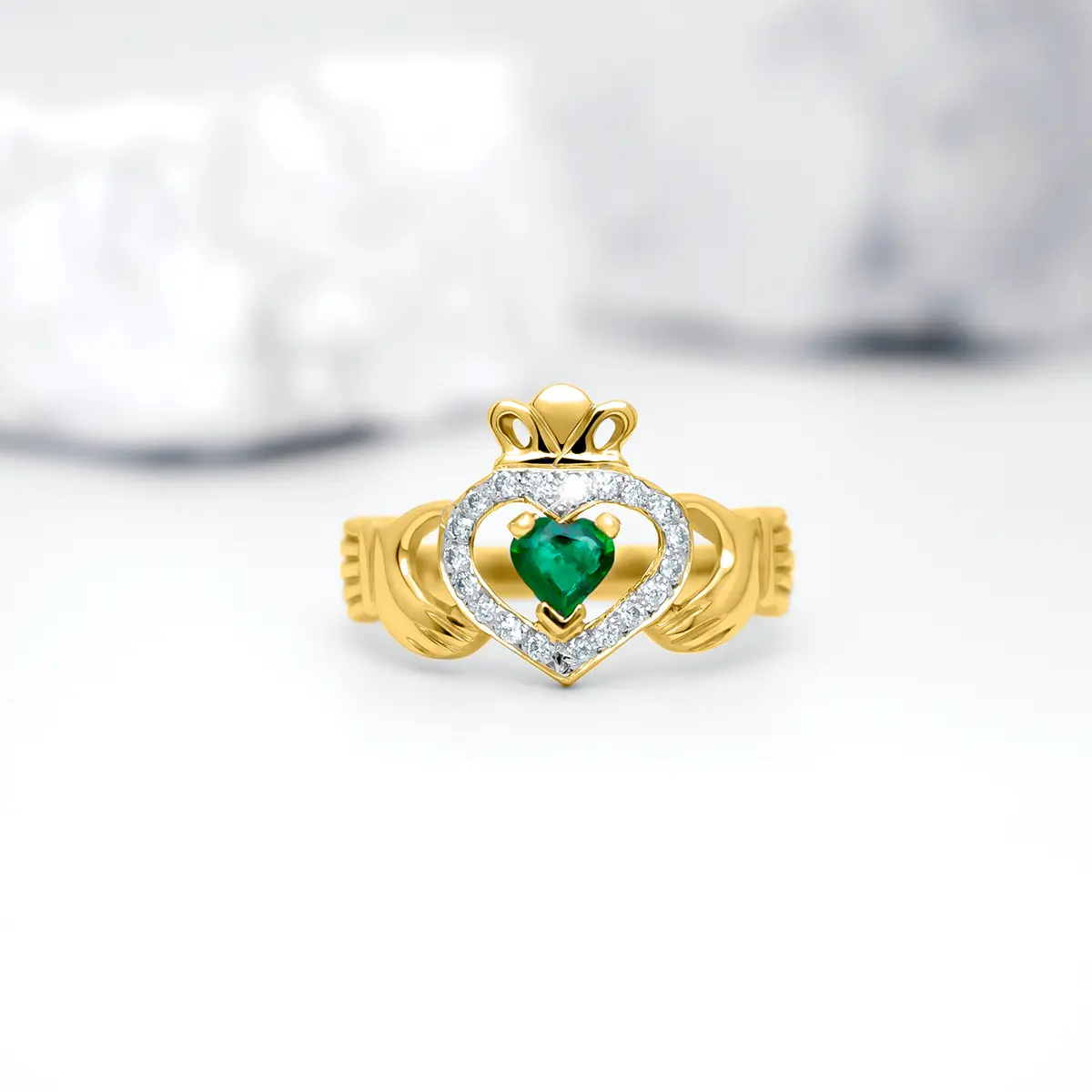 Gold Emerald Diamond Ladies Claddagh Ring 6...