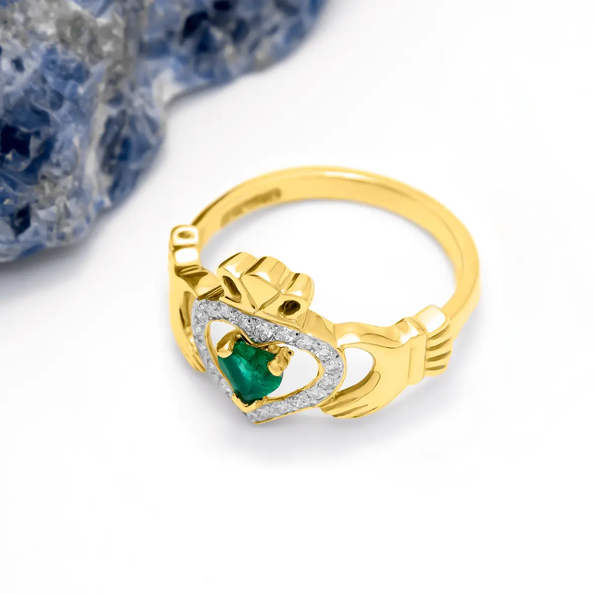 Gold Emerald Diamond Ladies Claddagh Ring 7...