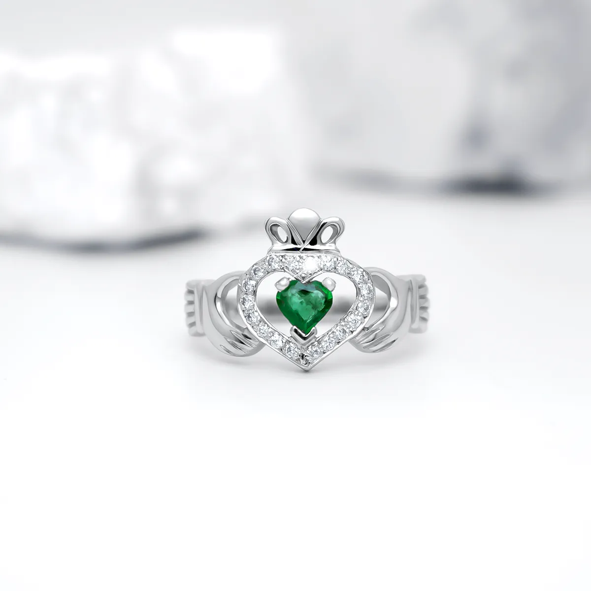 Heartshape Emerald and Diamond Irish Claddagh Ring...