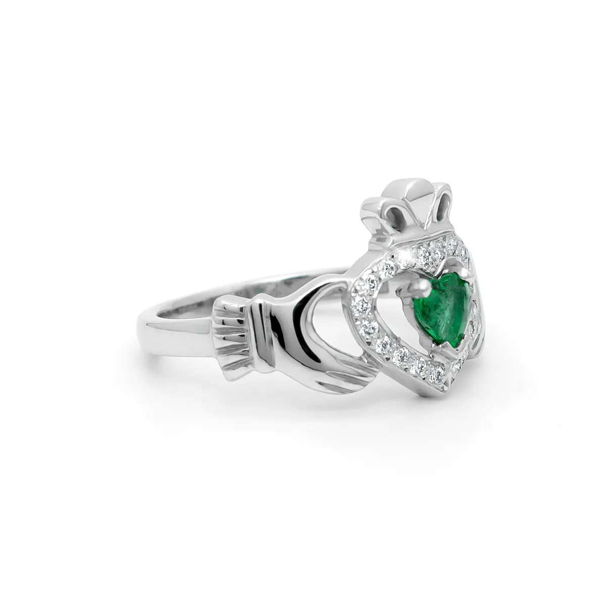 Claddagh Emerald Ring With Diamond White Gold 3...