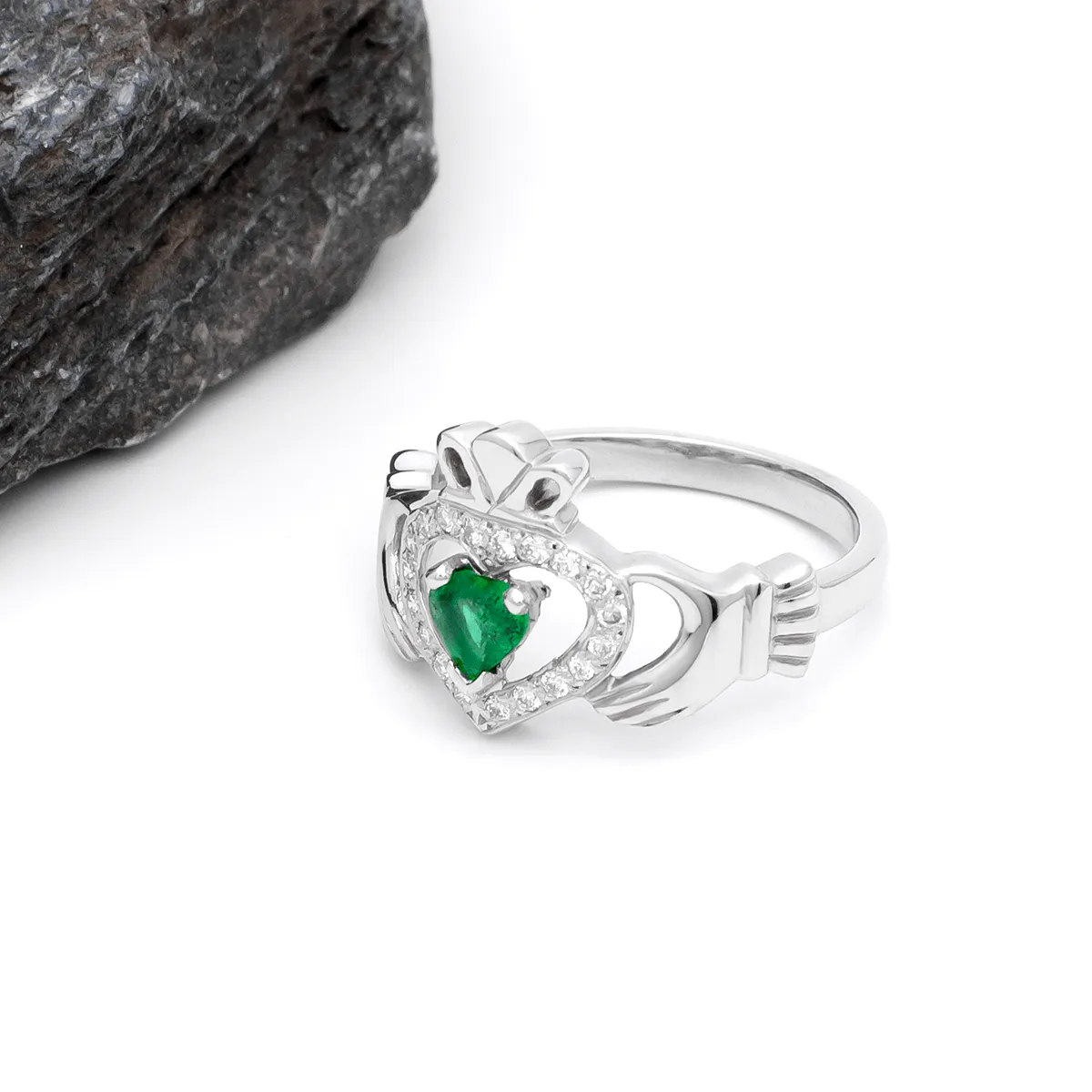 Claddagh Emerald Ring With Diamond White Gold 4...