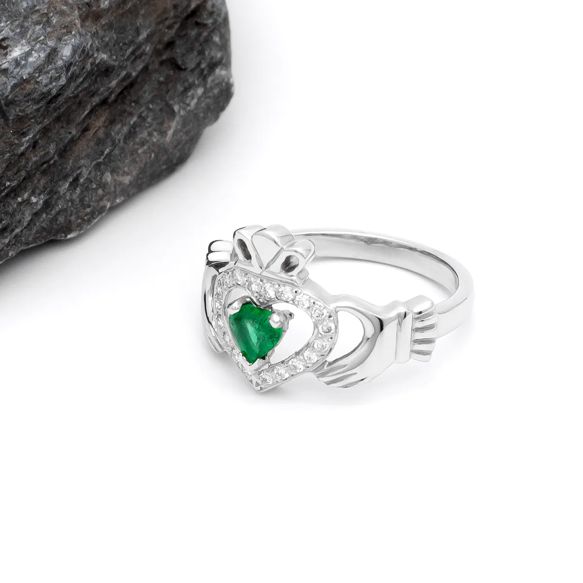 Heartshape Emerald and Diamond Irish Claddagh Ring Photo 5 
