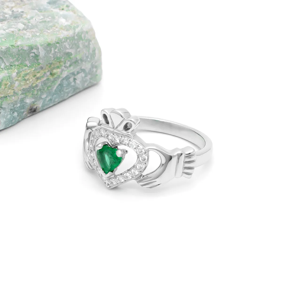 Claddagh Emerald Ring With Diamond White Gold 5...