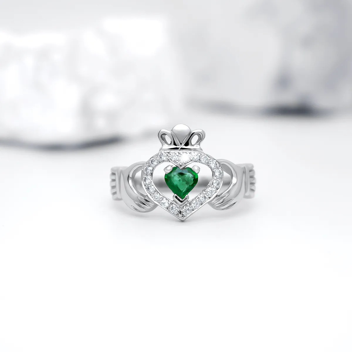 Claddagh Emerald Ring With Diamond White Gold 6...