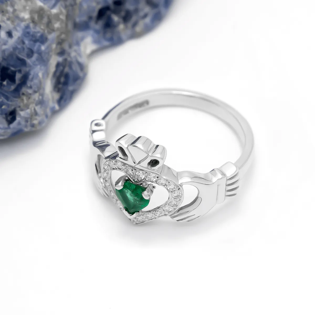 Claddagh Emerald Ring With Diamond White Gold 7...