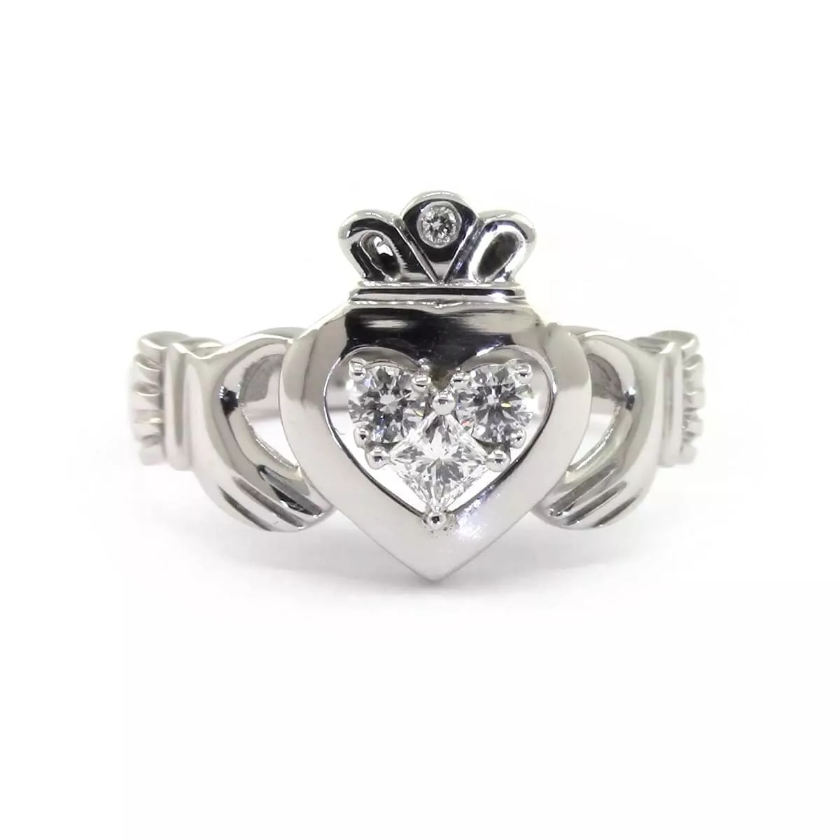 White Gold 3%20 Stone Diamond Claddagh Engagement Ring