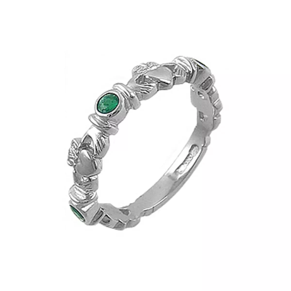 White Gold 3 Stone Emerald Claddagh Wedding Ring 1 1