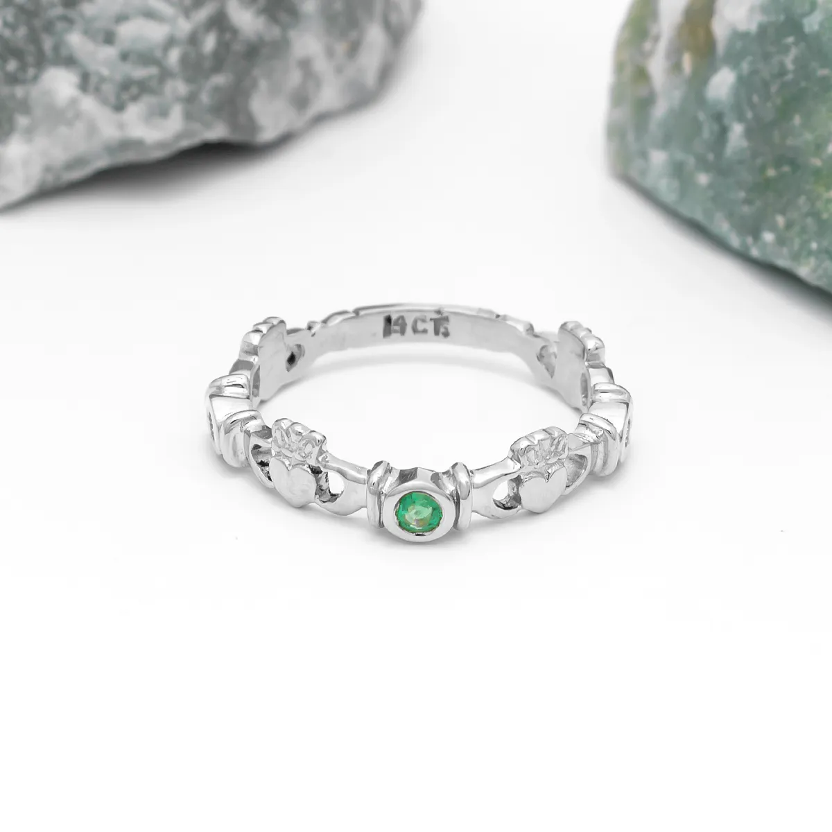 White Gold 3 Stone Emerald And Diamond Claddagh Ring Photo 7 