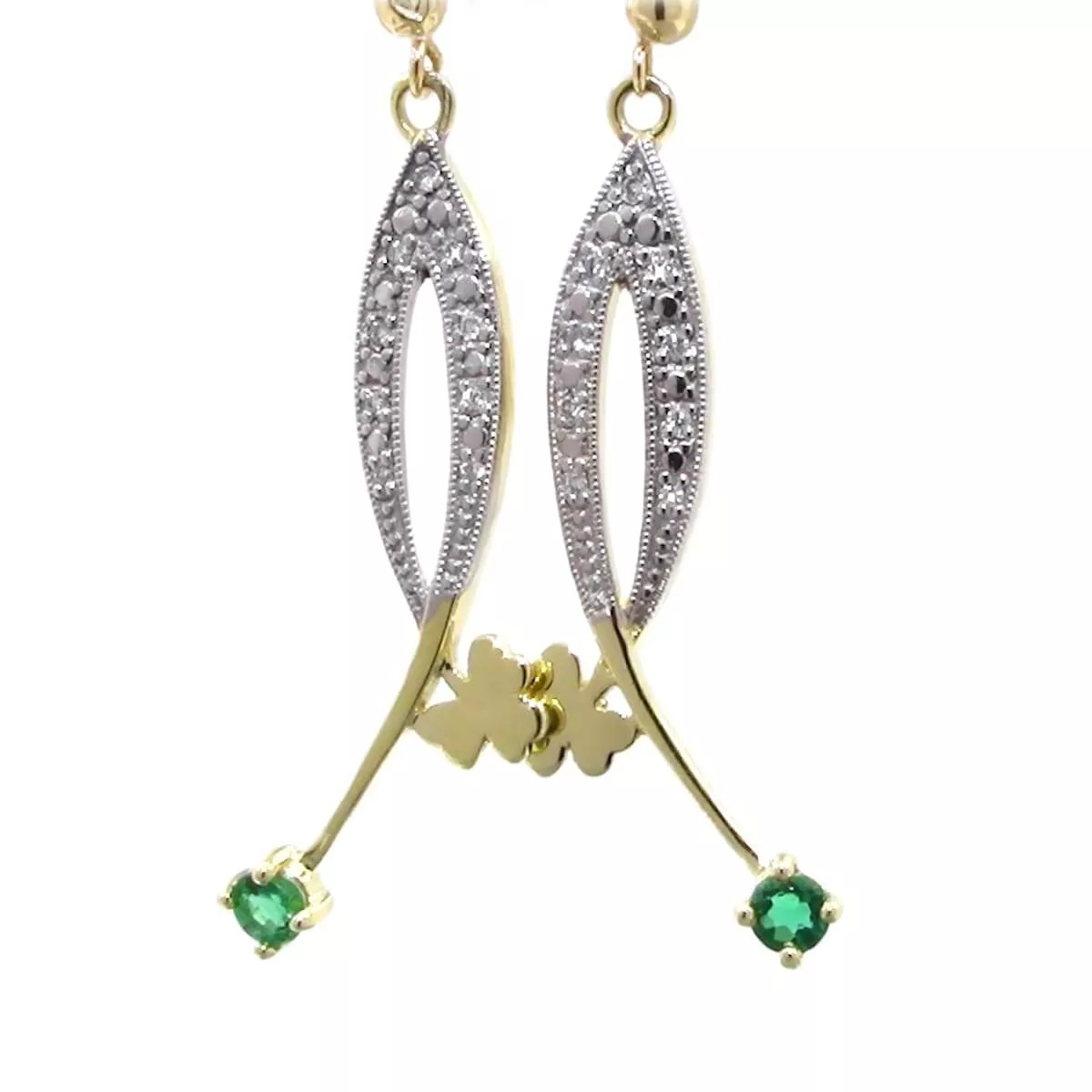 10k Yellow Gold Round Emerald Brilliant Cut Diamond Shamrock Drop Earrings...