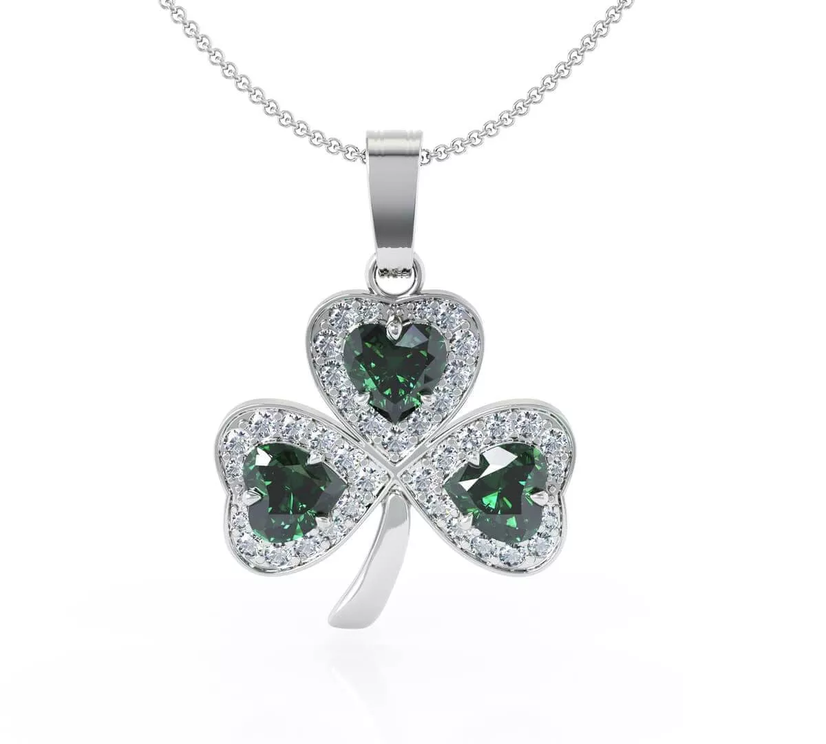 White Gold Heartshape Emerald And Diamond Shamrock Pendant