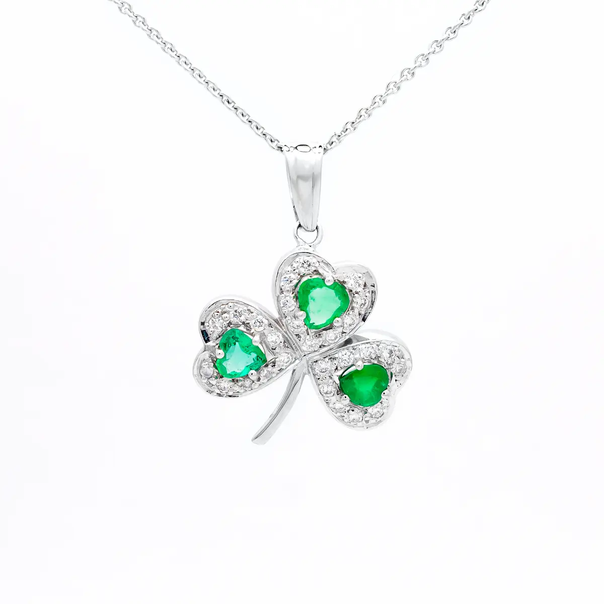 White Gold Emerald Diamond Shamrock Pendant 1...